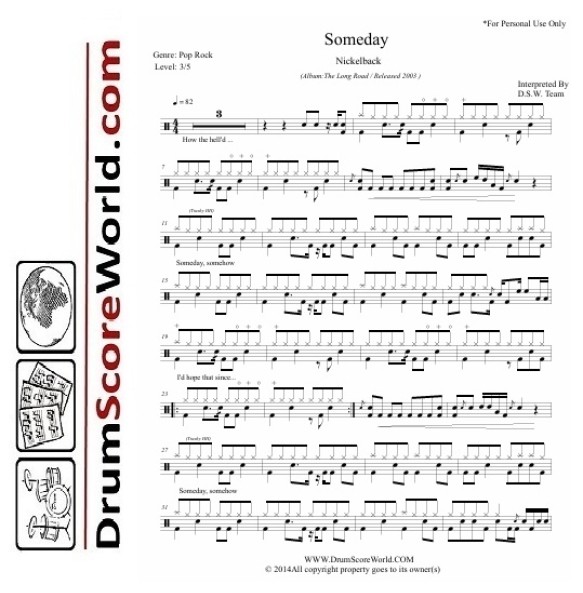 Nickelback - Someday - Drum Sheet + Play-Along Track